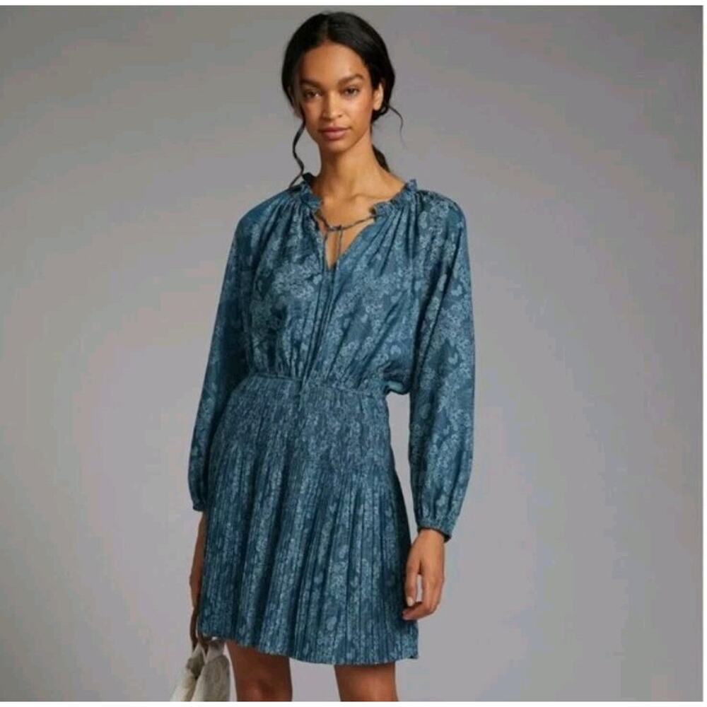 NWOT Anthropologie Current Air Dusty Blue Pleated Mini Dress Size S